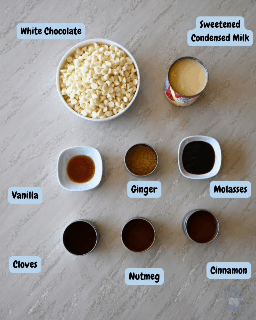 gingerbread fudge ingredients with lables