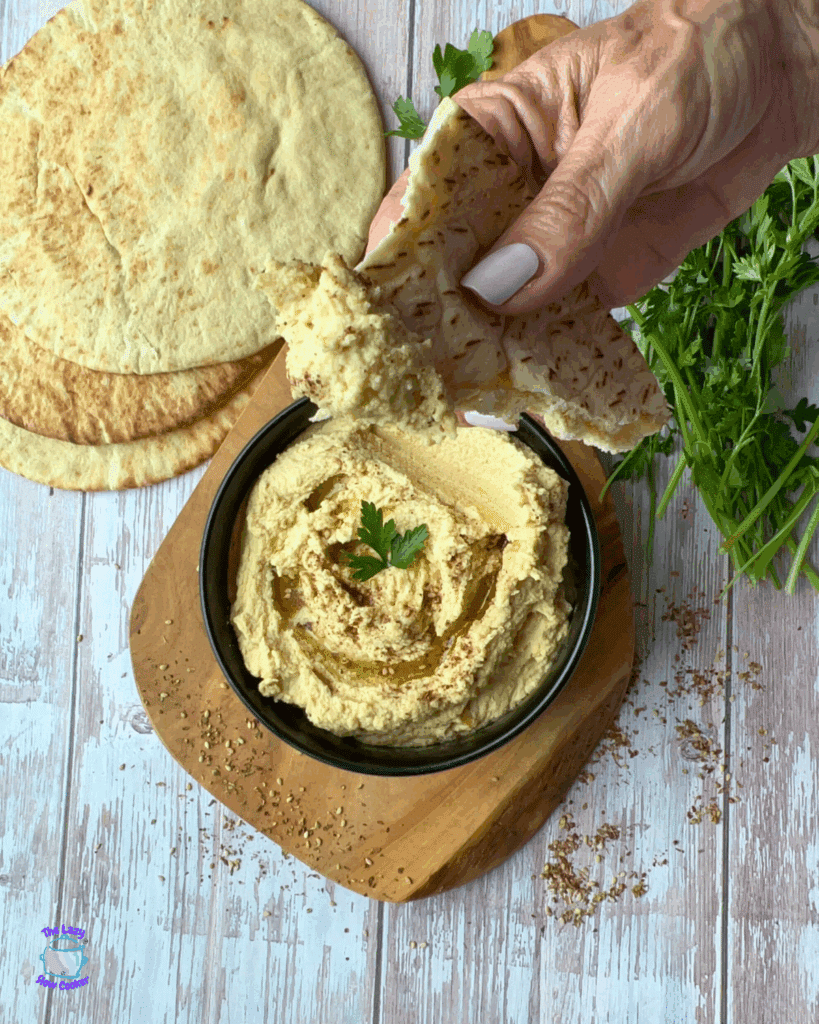 crockpot hummus on a pita
