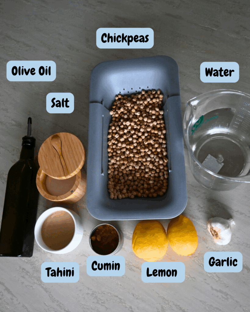 slow cooker hummus recipe ingredients with lables