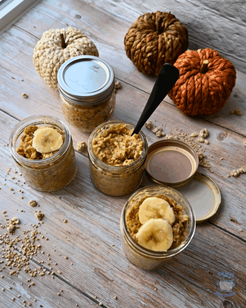 several jars filled with pumpkin pie spiced oatmeal
