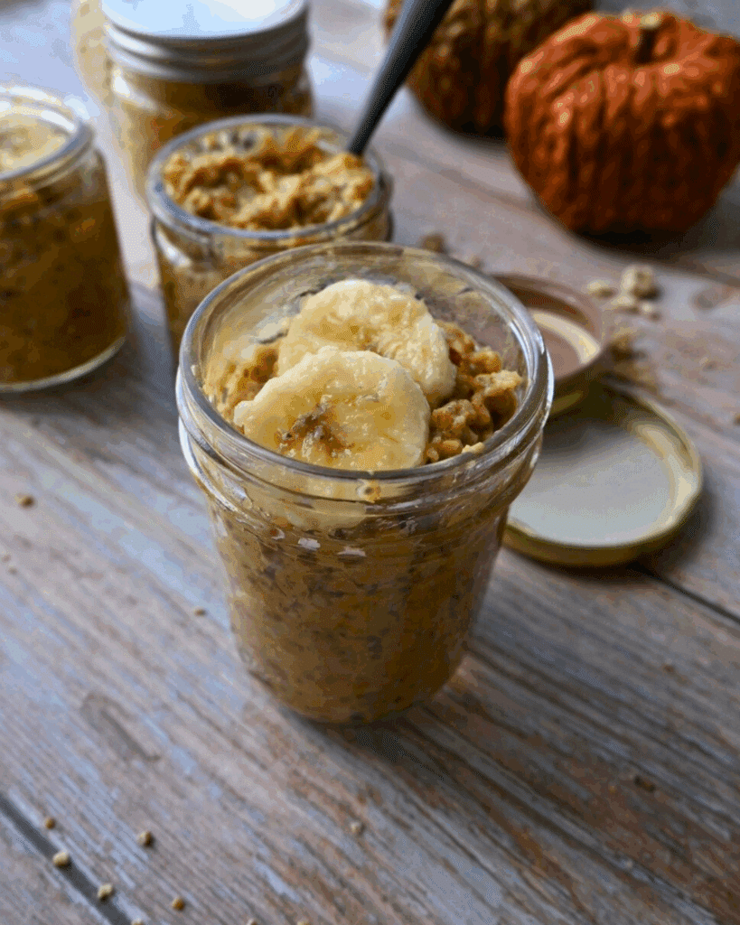 pumpkin pie overnight oats in a glass jar