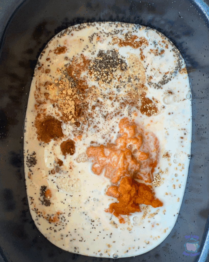 pumpkin pie oatmeal ingredients in a crockpot before stirring or cooking