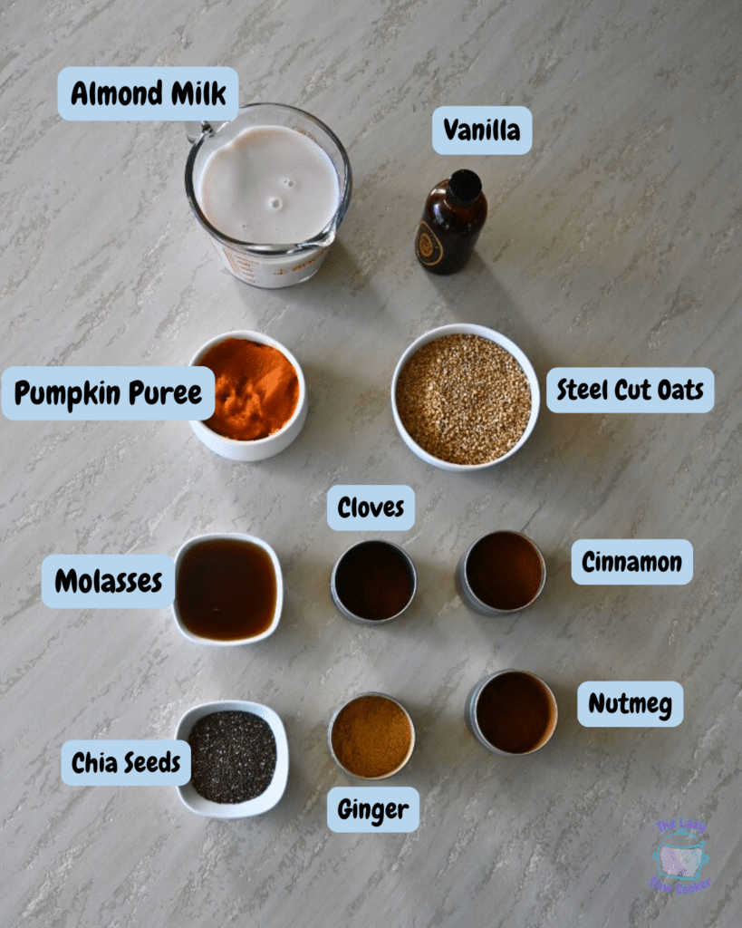 Pumpkin overnight oatmeal ingredients with labels including almond milk, vanilla, steel cut oats, pumpkin puree, molasses, cloves, cinnamon, nutmeg, chia seeds and ginger