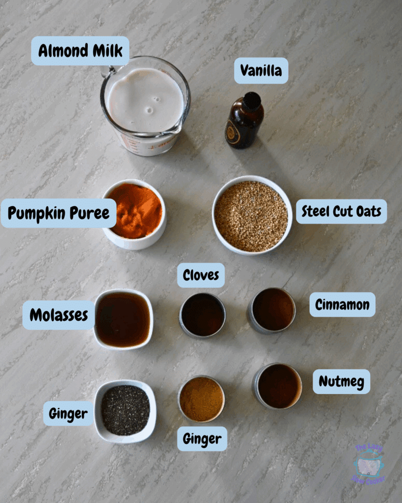 Pumpkin overnight oatmeal ingredients with labels