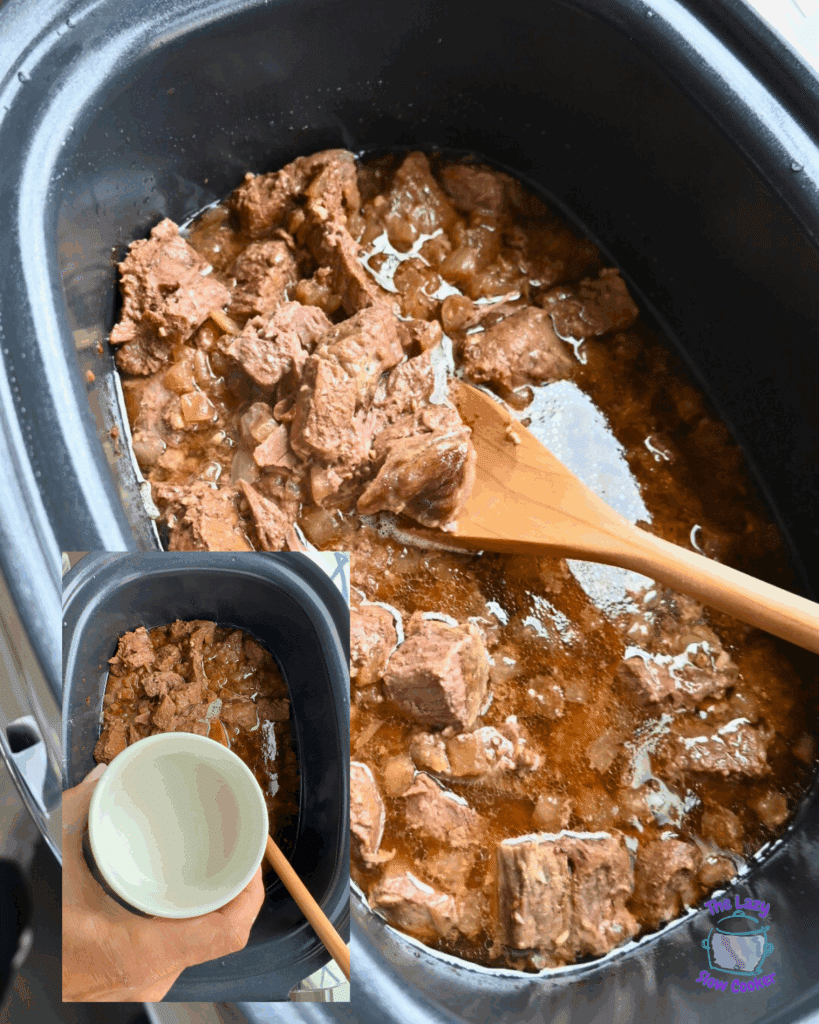 cooked steak bites in a crockpot with a slurry of potato starch about to be stirred in.