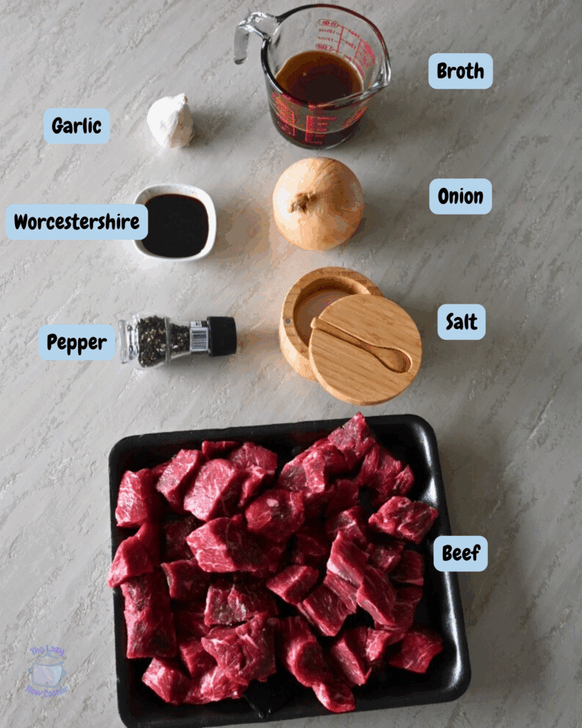 slow cooker beef steak bites ingredients with labels