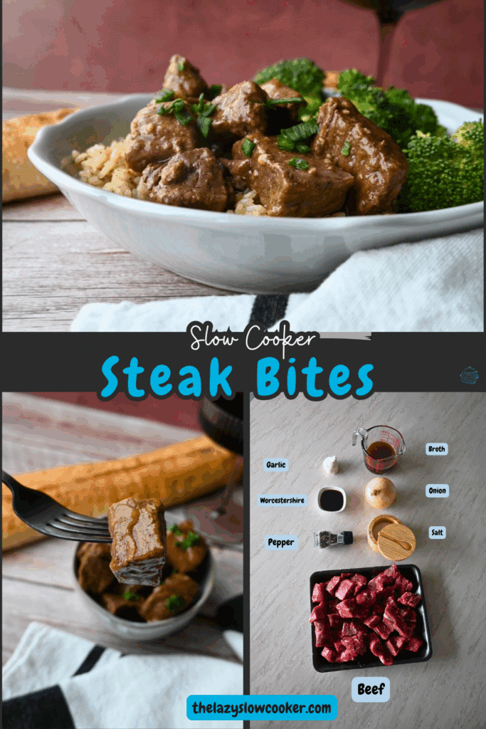Three different steak bites photos two cooked one of just the ingredients with labels