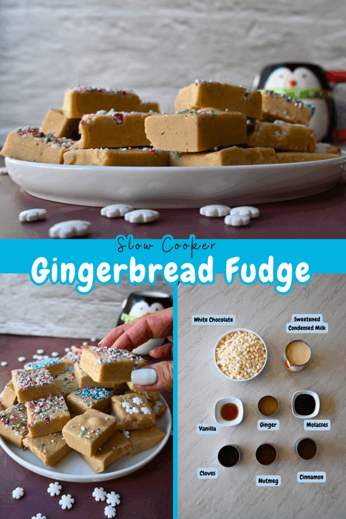 a collage of three different photos of slow cooker gingerbread fudge