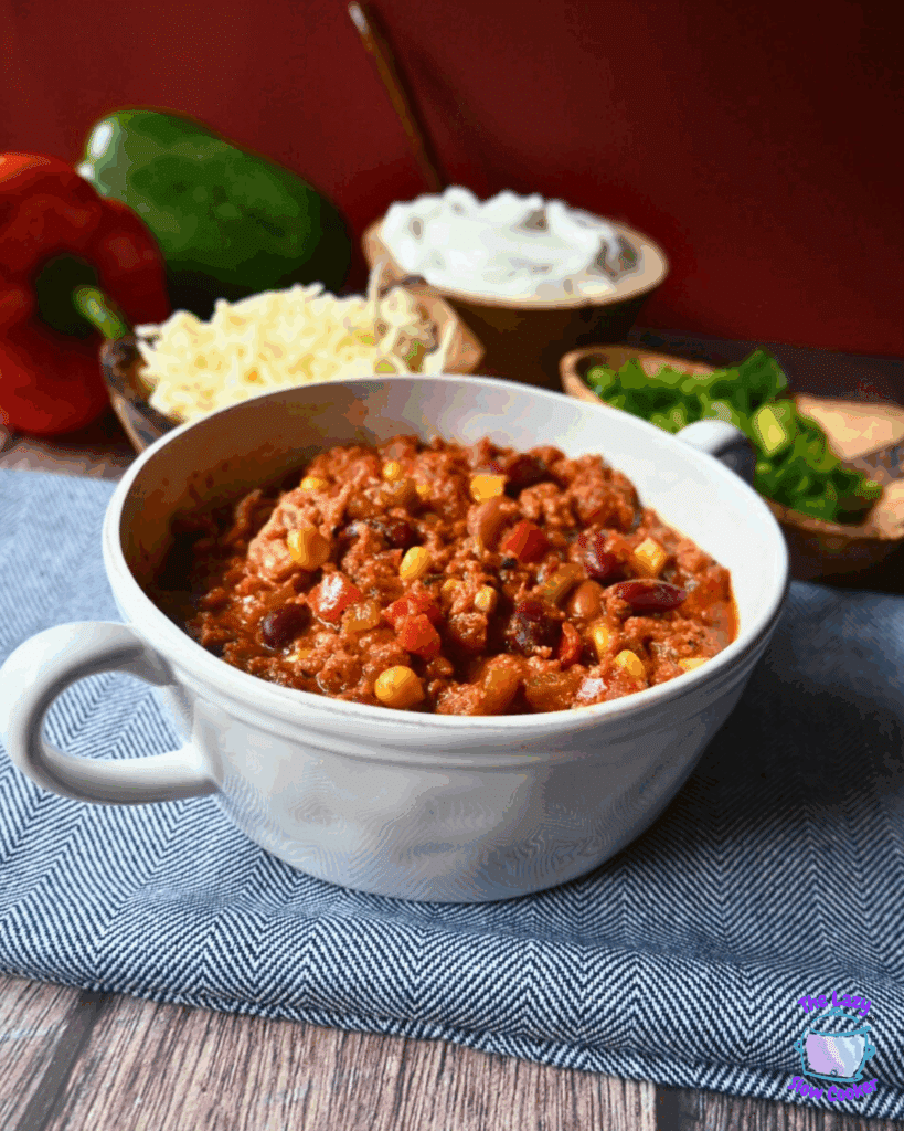 A bowl of chili topped with shredded cheese and chopped green onions sits on a wooden surface. A small bowl of sour cream is in the background. The chili contains beans, corn, ground turkey, and tomatoes.