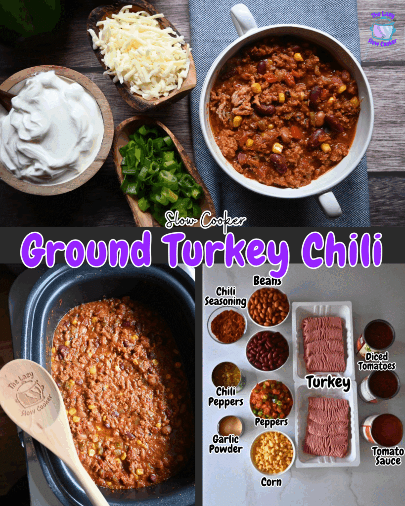 A collage showing ingredients and finished dish for slow cooker ground turkey chili: bowls of shredded cheese, green onions, sour cream, a pot of chili, and labeled ingredients including turkey, beans, tomatoes, corn, and seasonings.