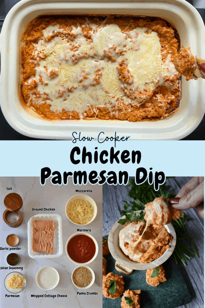 3 different views of crockpot chicken parmesan dip
