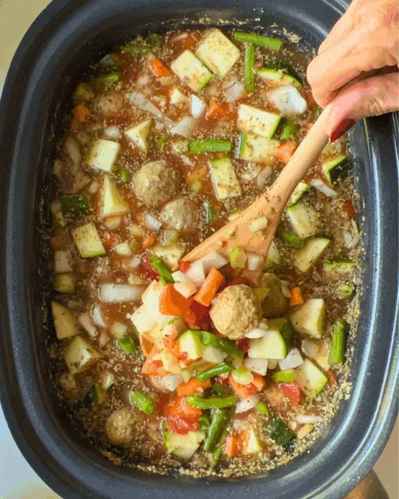 All soup ingredients in crockpot ready to cook