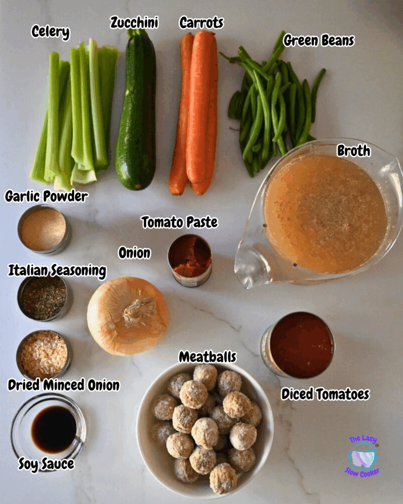 Slow Cooker Vegetable Meatball Soup ingredients with lables