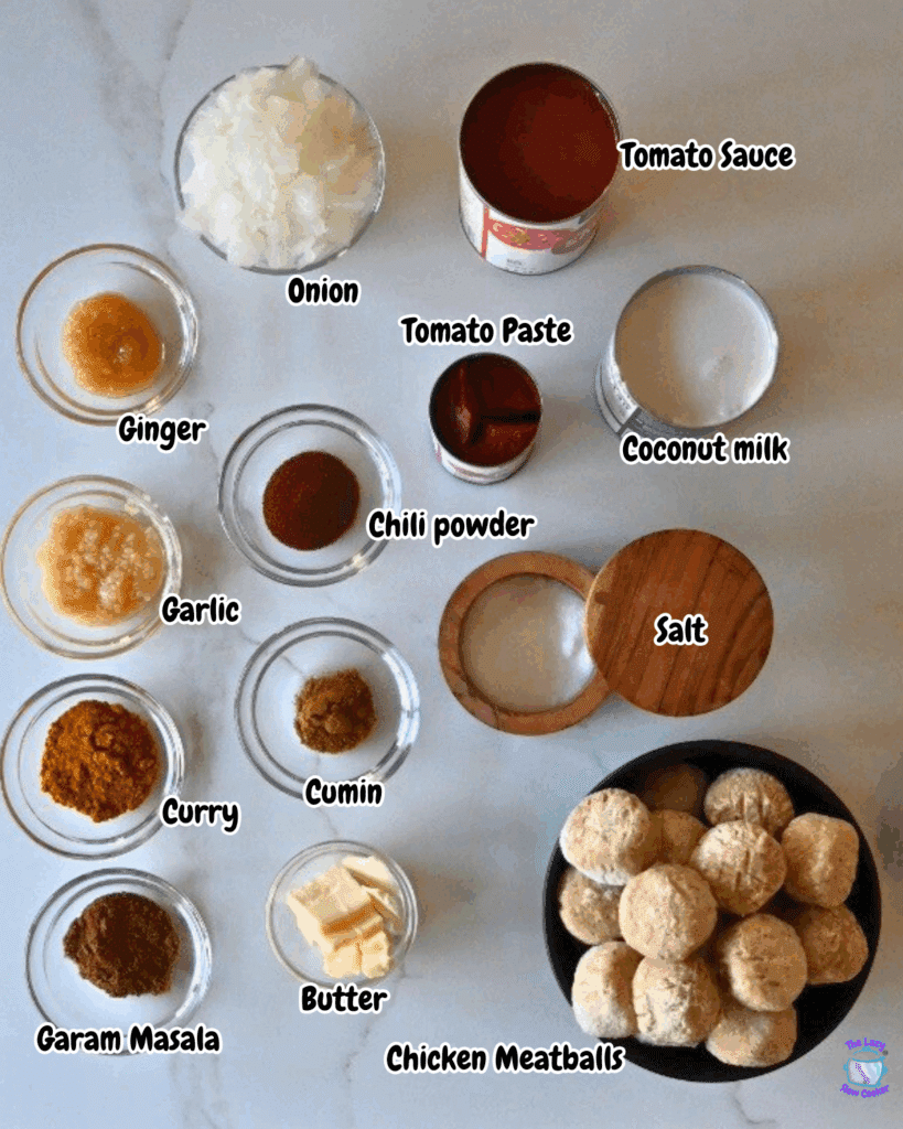Slow cooker butter chicken meatball ingredients with lables