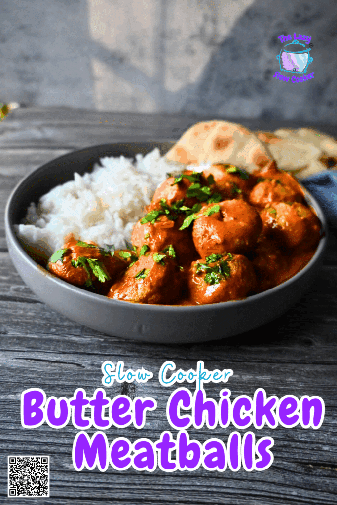 A bowl of white rice and butter chicken sauce with chicken meatballs, garnished with chopped herbs, served with naan bread on a wooden surface next to a blue-striped napkin.