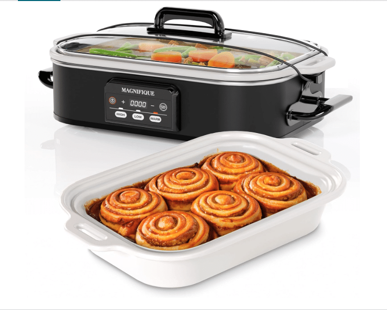 Magnifique brand casserole style slow cooker in grey with a pan of cinnamon rolls in front