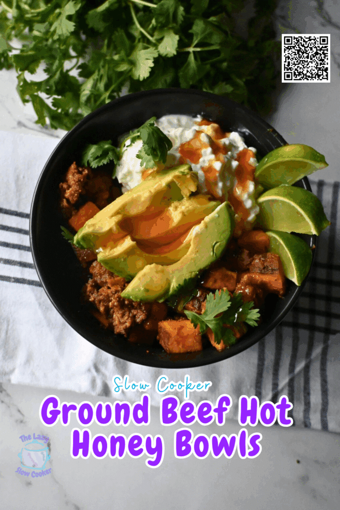 A black bowl filled with beef, sweet potatoes, avocado slices, cottage cheese, cilantro, and lime wedges sits on a striped cloth. The text Slow Cooker Viral Protein Beef Bowls appears at the bottom.