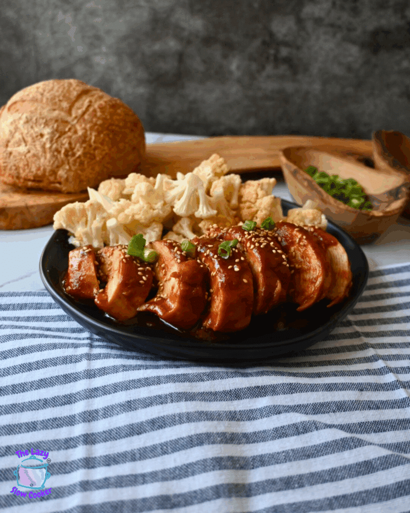A black plate holds sliced, slow cooker honey garlic chicken breast topped with sesame seeds and chopped green onions, alongside steamed cauliflower florets. A round loaf of bread and a wooden bowl of green onions are nearby.