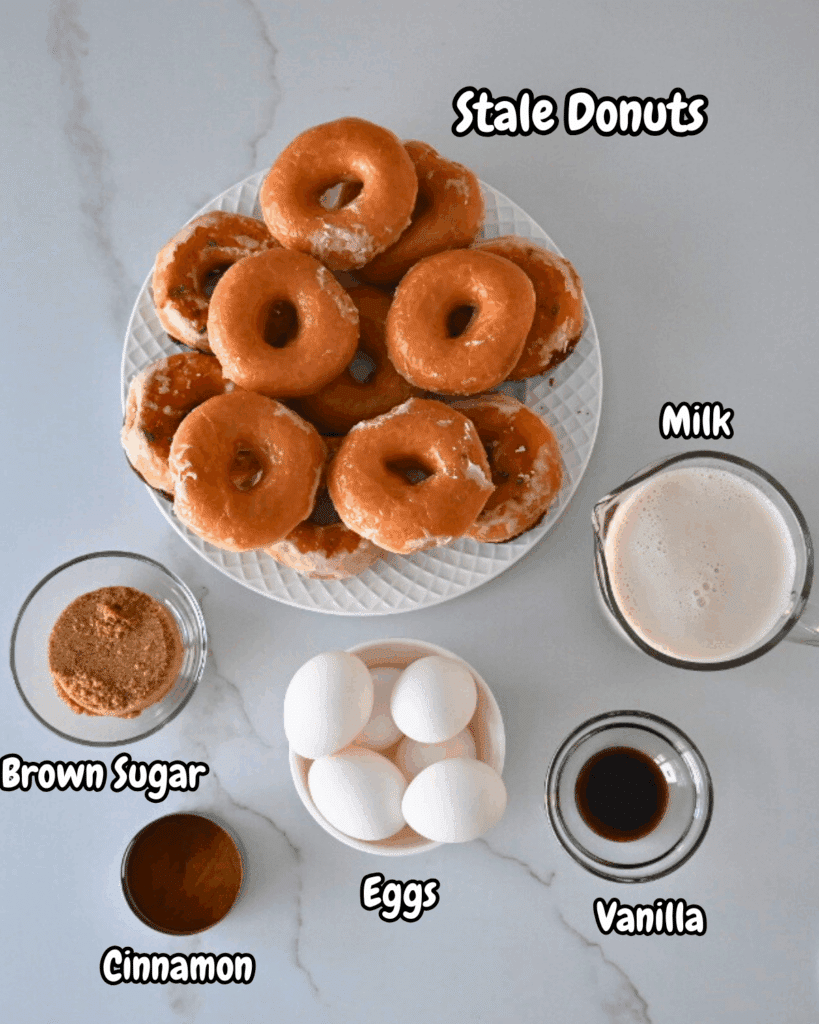 A plate of doughnuts and ingredients with labels including eggs, milk, sugar, cinnamon, and vanilla