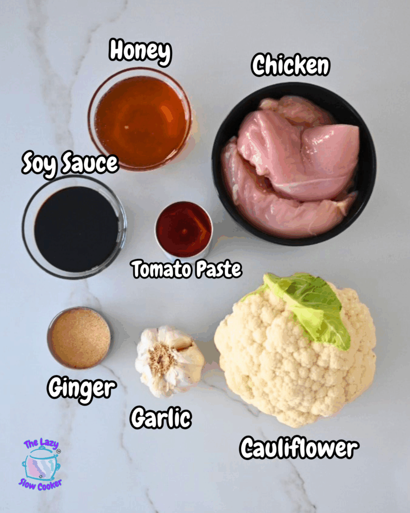Top-down view of labeled ingredients on a white surface: honey, raw chicken breast pieces, soy sauce, tomato paste, ground ginger, a garlic bulb, and a whole cauliflower.