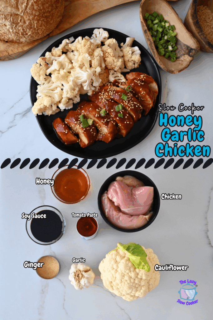 A plate with sliced honey garlic chicken topped with sesame seeds and green onions, served with roasted cauliflower. Ingredients—soy sauce, honey, tomato paste, ginger, garlic, chicken, and cauliflower—are arranged around the plate.