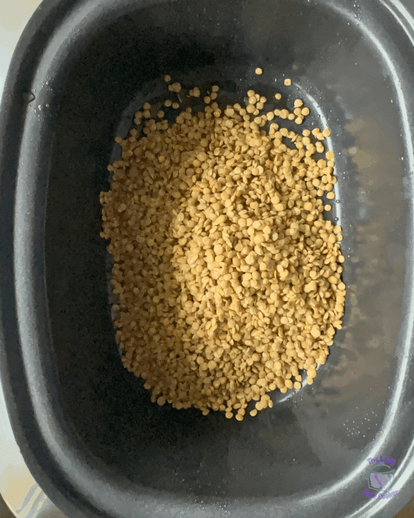 A close-up view of uncooked lentils scattered in the bottom of a black rice cooker or slow cooker.