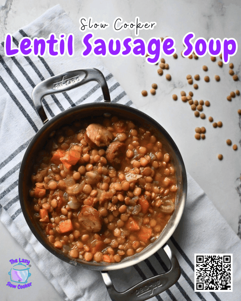 Overhead view of a handled serving plate filled with crockpot lentil stew containing sausage, carrots, and onions, resting on a striped kitchen towel. Uncooked lentils are scattered on the white countertop nearby.