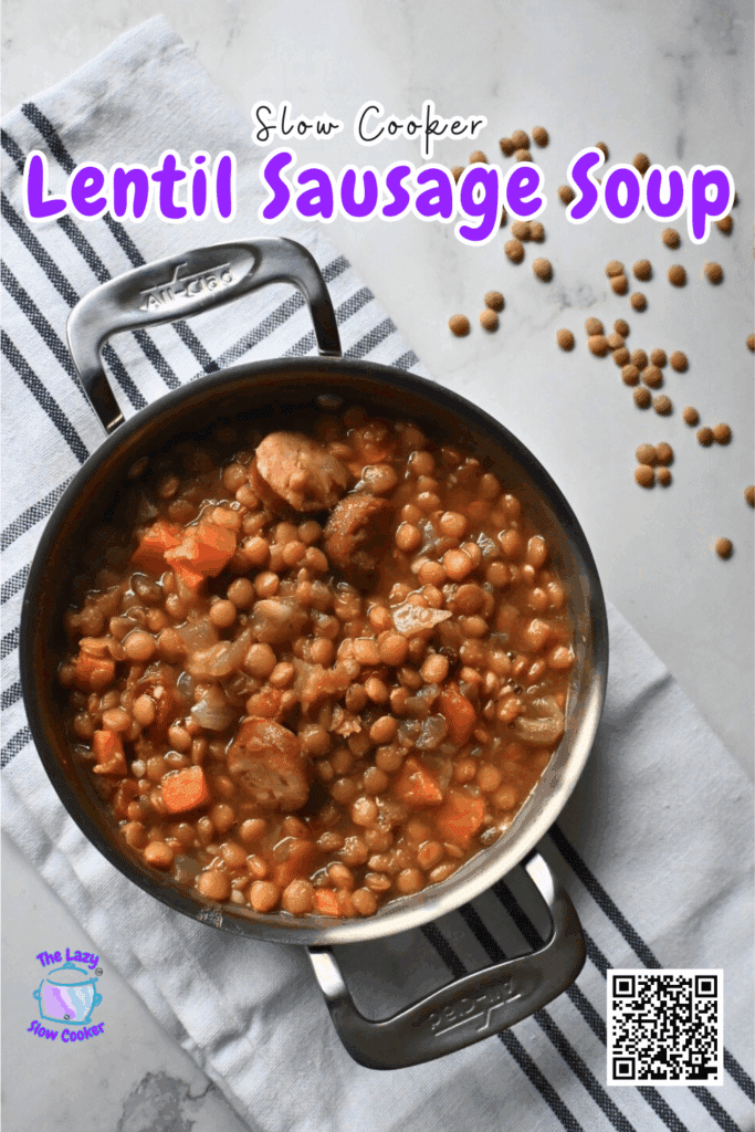 Overhead view of a handled serving plate filled with crockpot lentil stew containing sausage, carrots, and onions, resting on a striped kitchen towel. Uncooked lentils are scattered on the white countertop nearby.
