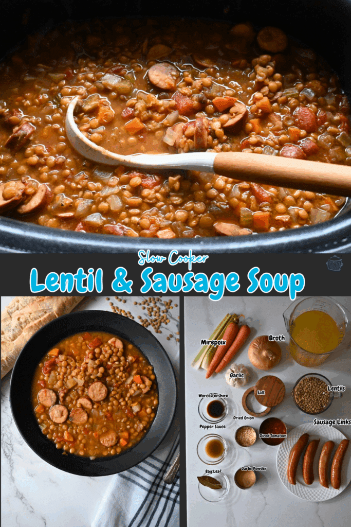 A collage showing: a slow cooker filled with lentil and sausage soup; a bowl of soup with bread; and key ingredients for the recipe, including lentils, sausage, broth, onion, carrot, celery, and spices, labeled on a counter.