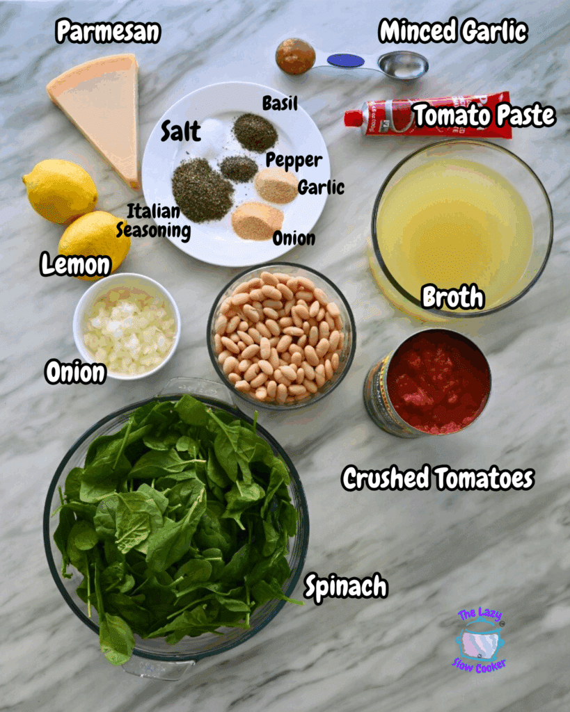 Top-down view of labeled soup ingredients on a counter: Parmesan, minced garlic, tomato paste, broth, crushed tomatoes, spinach, white beans, onion, lemon, Italian seasoning, salt, pepper, basil, and garlic.