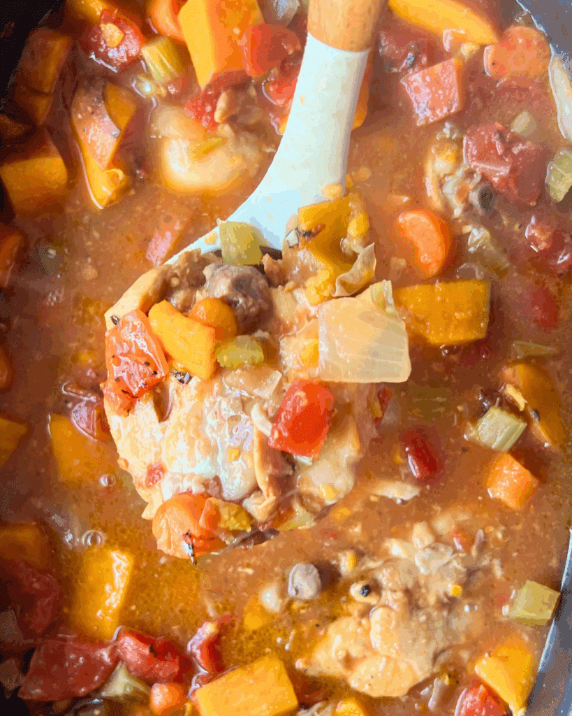 A close-up of a hearty stew with chunks of chicken, carrots, sweet potatoes, celery, tomatoes, mushrooms, and onions, shown in a pot with a ladle scooping up a portion.