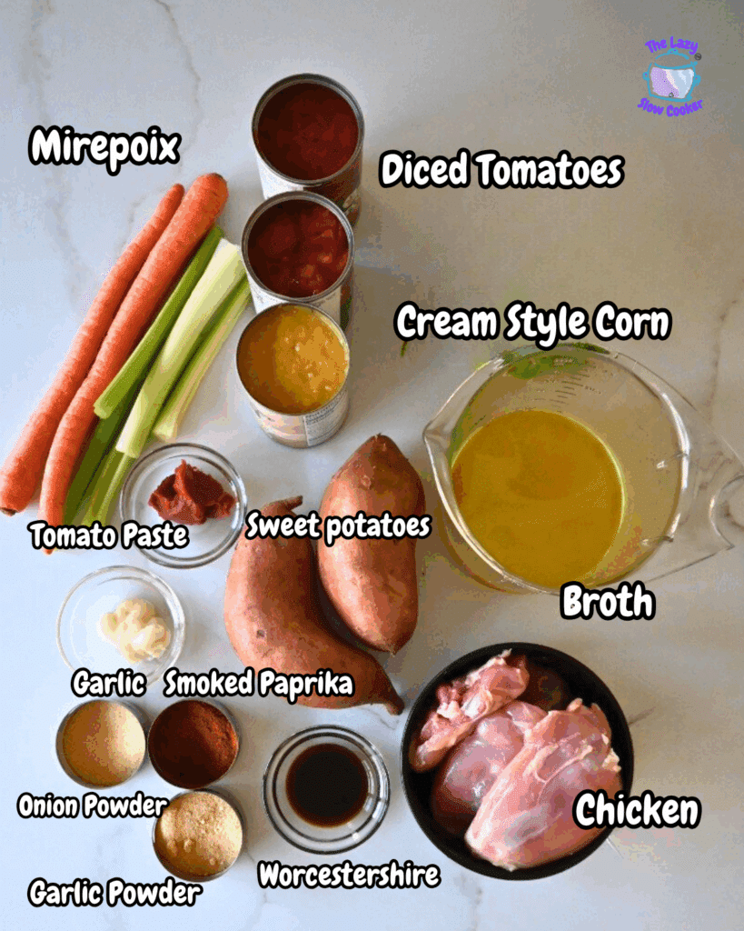 A top-down view of labeled soup ingredients on a white surface: carrots, celery (mirepoix), cans of diced tomatoes, cream style corn, tomato paste, sweet potatoes, garlic, smoked paprika, onion powder, garlic powder, Worcestershire sauce, broth, and raw chicken thighs.