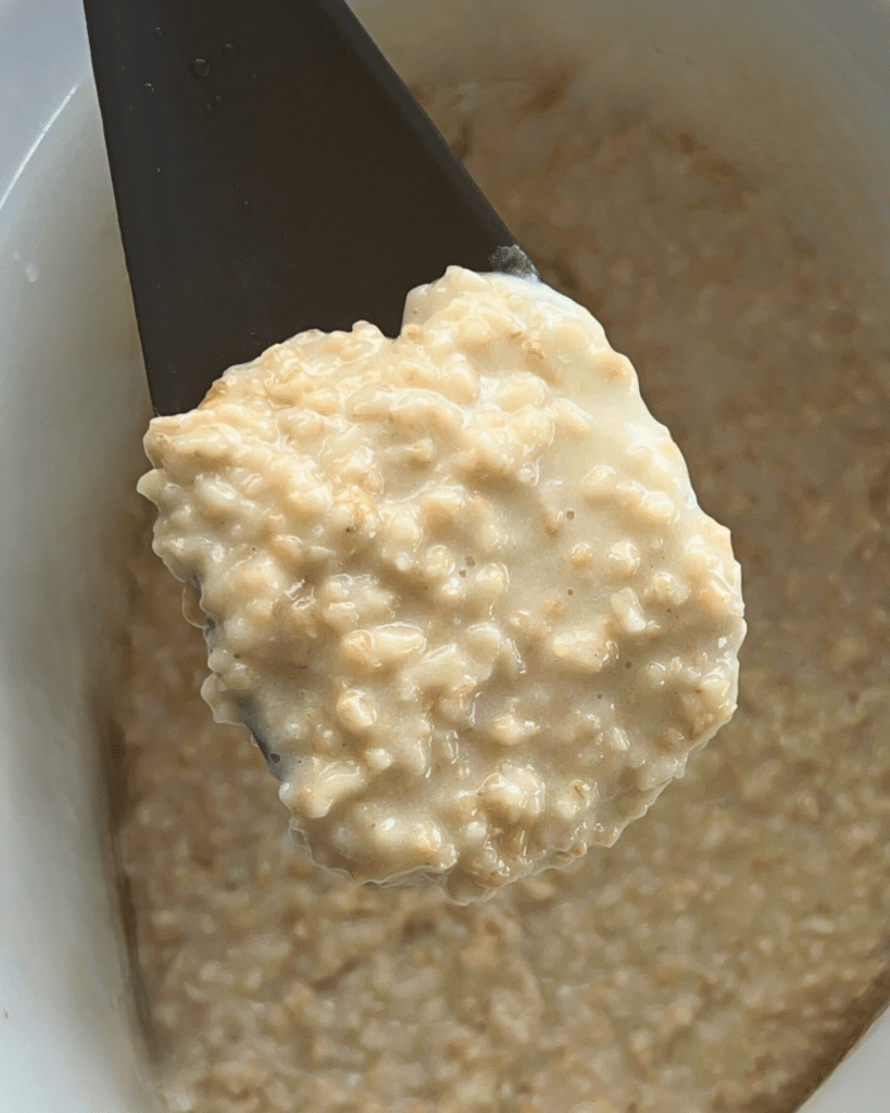a black rubber spatula holding cooked steel cut oats over a slow cooker full of the same.