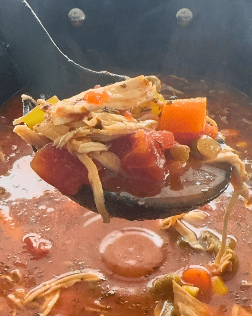 A ladle lifts hearty chicken vegetable soup from a pot, with chicken, carrots, tomatoes, and green beans visible in the broth.