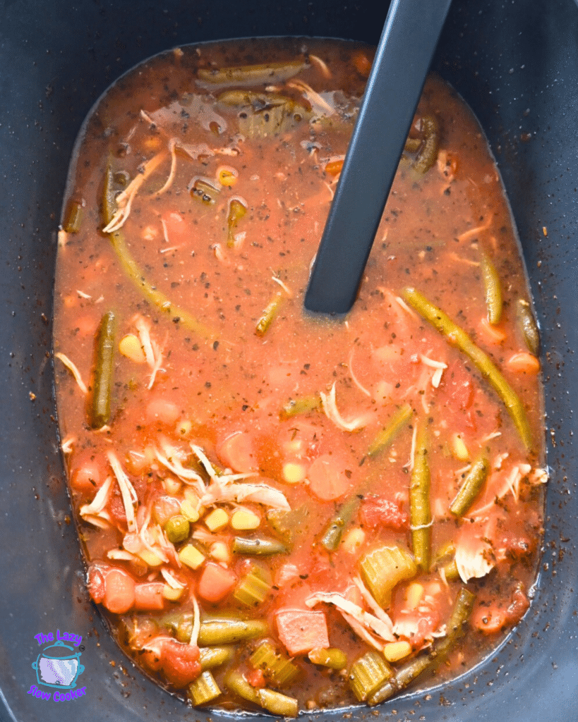 Vegetable soup with green beans, carrots, celery, corn, tomatoes, and shredded chicken in a slow cooker with a black ladle inside.
