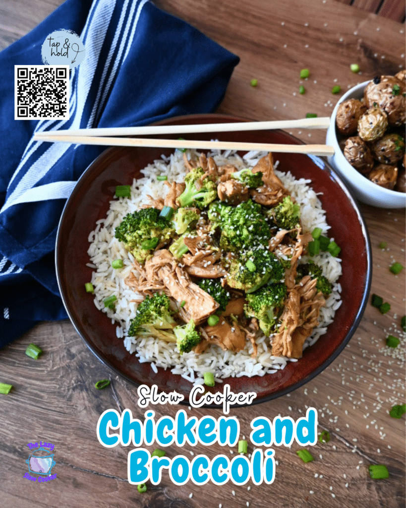 A bowl of white rice with shredded slow cooker chicken and broccoli, and sesame seeds, served with chopsticks. Roasted potatoes and a blue napkin are beside it.