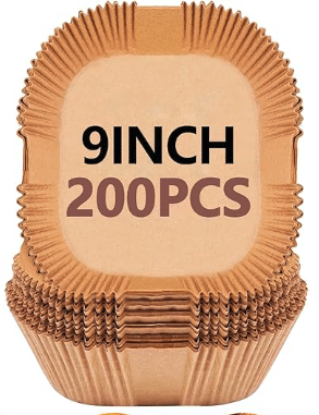 A stack of square, parchment paper air fryer basket liners with "9INCH 200PCS" printed on the top plate, ideal for serving air fryer fried rice.