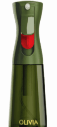 A green spray bottle with a clear lower half showing liquid inside and gold OLIVIA logo, used for oil in air fryer fried rice.