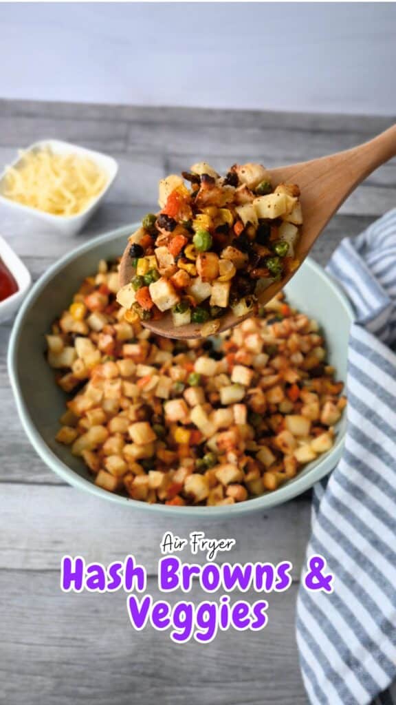 A wooden spoon lifts diced air fryer hash browns and veggies over a bowl; BBQ chicken sliders, cheese, and a striped cloth nearby.