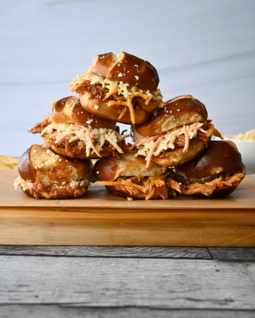 Several slow cooker BBQ chicken sliders with shredded meat and coleslaw are stacked on a wooden board against a light backdrop.