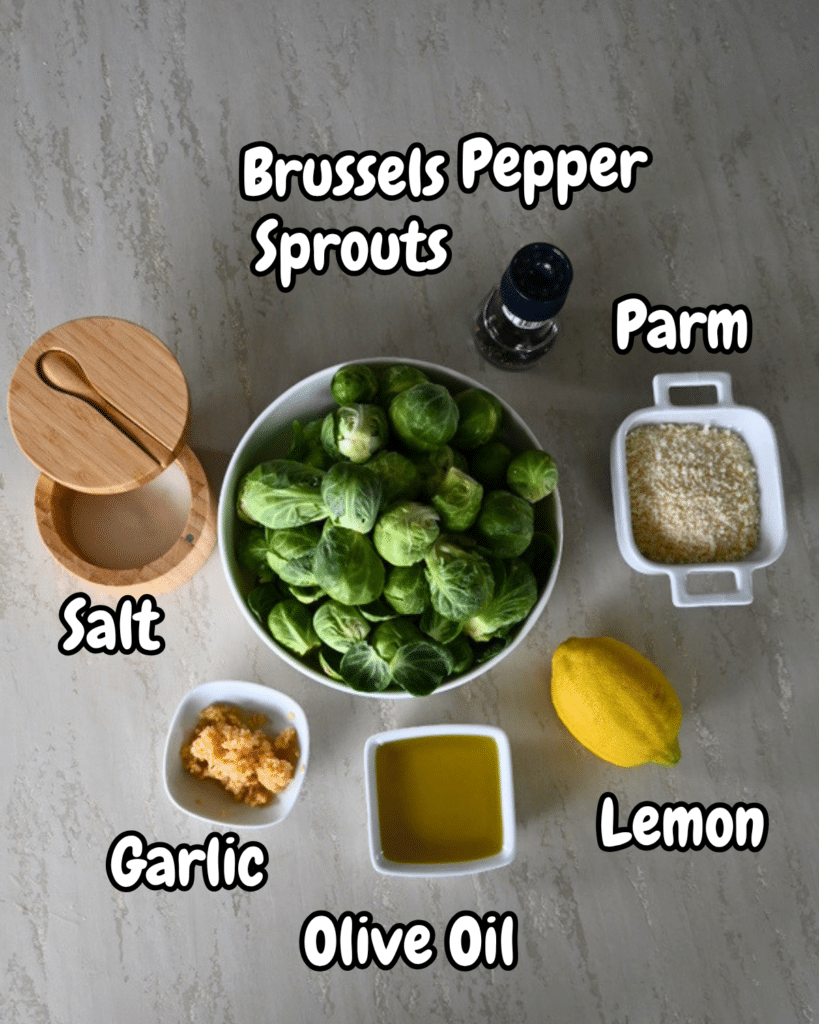 Slow cooker Brussels sprouts in a bowl, with labeled ingredients-salt, parmesan, garlic, olive oil, lemon, and pepper-on a counter.