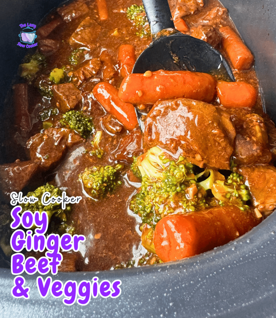 A close view of soy ginger beef, carrots, and broccoli in brown sauce inside a slow cooker, with a black spoon and recipe name visible.