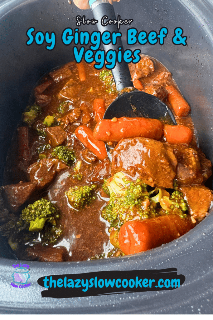 A slow cooker with soy ginger beef, carrots, and broccoli in brown sauce; a black spoon sits inside. Text: recipe name and site.