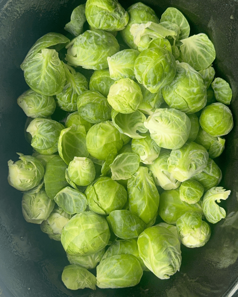 Fresh green Brussels sprouts piled closely together in a dark bowl, ready to be used in a slow cooker Brussels sprouts recipe.