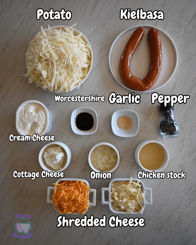 Ingredients for slow cooker kielbasa and potatoes are arranged and labeled from above, showing sausage, potatoes, cheeses, and seasonings.