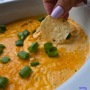 A hand with painted nails dips a tortilla chip into a creamy buffalo ground chicken dip, topped with green onions and served in a white dish. The Lazy Slow Cooker logo appears in the corner.